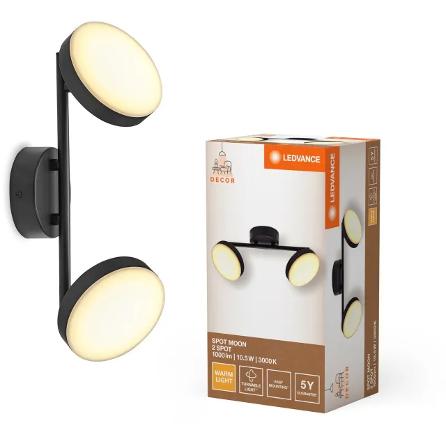 LEDVANCE Decor Spot Moon Lamp zwart, 2 verstelbare lampkoppen, 10.5 W, 560 lm, 3000 K, metalen behuizing, functioneel en minimalistisch ontwerp, eenvoudige montage, LED niet vervangbaar
