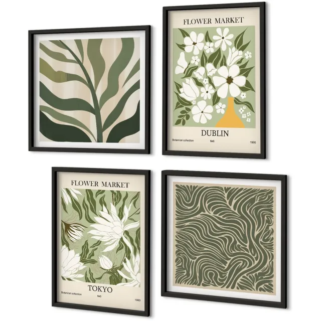 Coloray 4-Delige Schilderij Set - Plantenpatronen, Botanische Decoraties, Boho-Stijl - 40 x 40 cm En 40 x 60 cm - Schilderijen Set - Wanddecoratie - Woonkamer Zwarte lijst