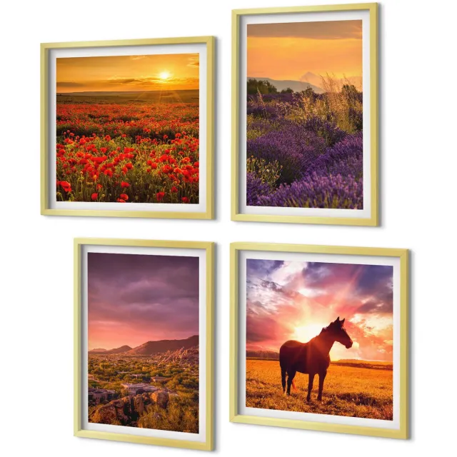 Coloray 4-Delige Schilderij Set - Berglandschappen met paarden en lavendelvelden - 40 x 40 cm en 40 x 60 cm - Wanddecoratie - Muurdecoratie - Moderne Interieurdecoratie - Decoratieve Schilderijen Gouden lijst