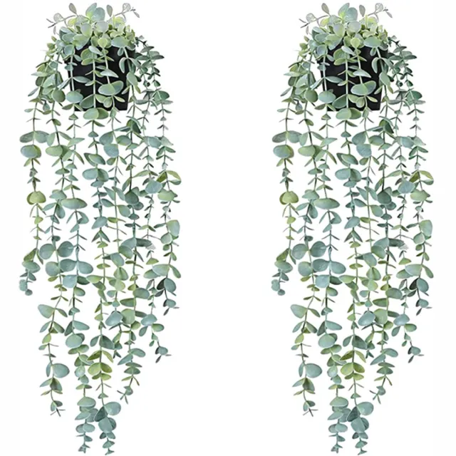Famanu Kunstmatige hangende planten in pot, set van 2 stuks, nepplanten met pot, groene faux klimop en eucalyptus, ideaal voor kantoor, bureau, woonkamer, balkon en muurdecoratie
