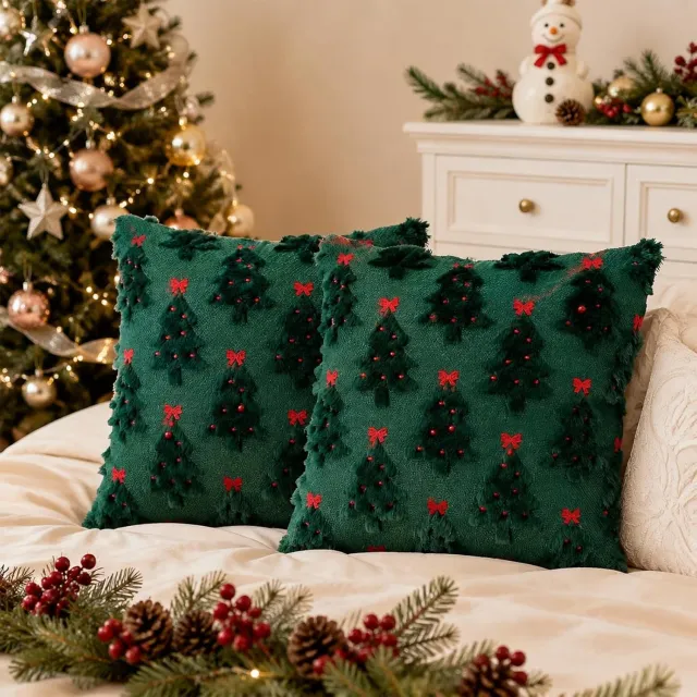 FLITI Kerstkussenhoezen - groene kerstboomprint - voor kerst- en winterdecoratie - kussenhoes - voor thuisgebruik - groen - 45x45 cm - 2 stuks groen 2