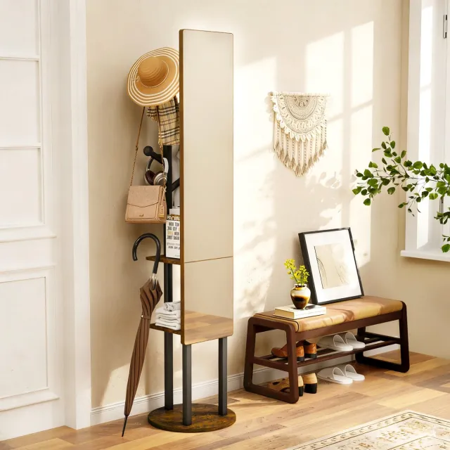 STILVORA Kapstokspiegel – 360 Graden Draaibaar – Spiegelvlak 135 x 30 cm – Spaanplaat En Staal – Zwart Bruin – Voor Slaapkamer En Hal