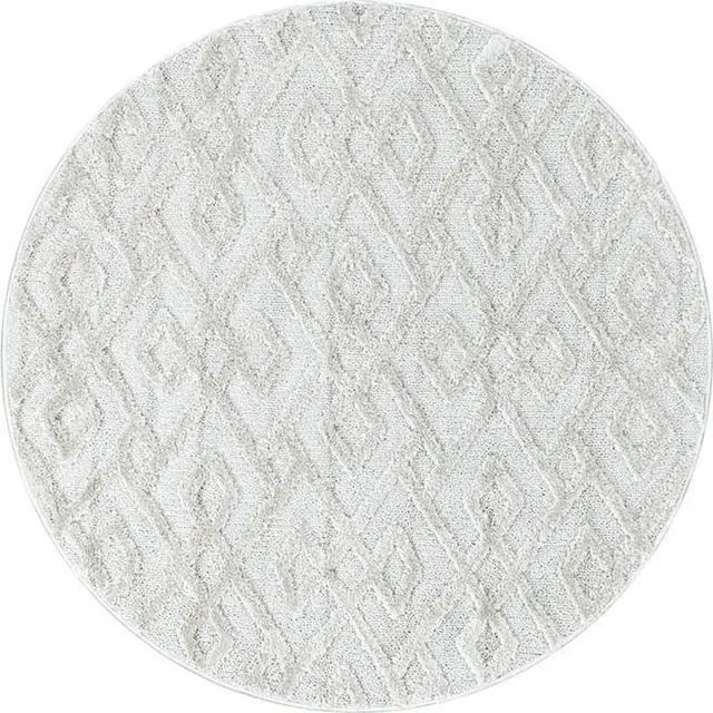Ayyildiz Hoogpolig vloerkleed met geometrisch patroon, crèmekleur, geschikt voor de woonkamer, met jute achterkant, rond formaat: 80 cm.