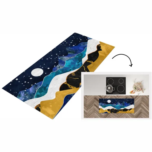 KitchenYeah Keukenloper - Loper keuken - Goud - Blauw - Marmer - Keukenloper vinyl Multicolor