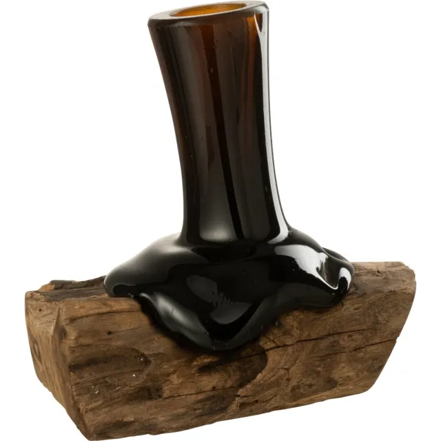 J-Line vaas op voet Hoog Gamal - hout/glas - naturel/bruin - small - 19.5 cm hoog