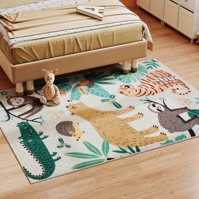 MEUNIQ vloerkleed met jungle dierenprint, polyester fleece tapijt met antislip onderzijde voor slaapkamer, hal of werkkamer, meerkleurig Crèmewit