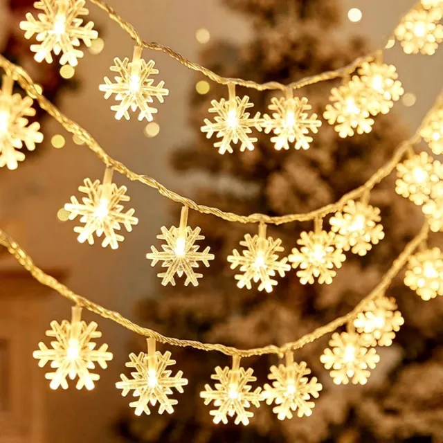 Mrilary Sneeuwvlok LED Slingerlamp - 6m 40 Lampjes Warm Wit | Batterij gevoed(exclusief batterijen) | 2 Lichtstanden continu & knipperend, Kerst Feestdecoratie Binnen en Buiten- Sfeervolle decoratie binnenshuis