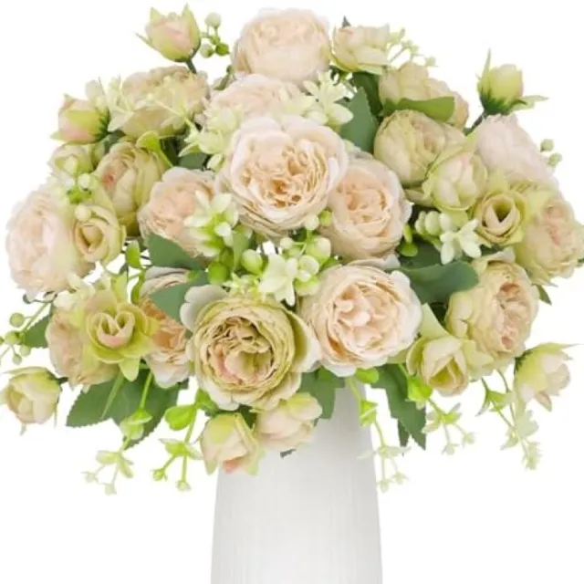 PromoHome Kunstmatige Pioenrozen Boeket - Set van 4 Bosjes Witte Zijden Pioenen met Groene Bladeren - Perfect voor Bruiloft, Feest, Tafelcenterpiece en Huisdecoratie