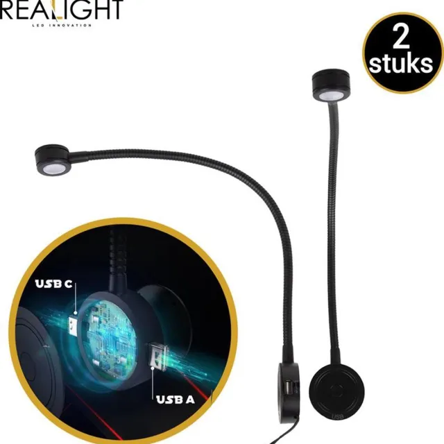 Realight Leeslampje voor in Bed met Dimfunctie - 44 cm - LED bedlampje voor Boek - Hoofdbord nachtlampjes Slaapkamer - 1 USB-poort & 1 USB-C poort - 360° Draaibaar - Zwart - 2 Stuks 2 x Zwart