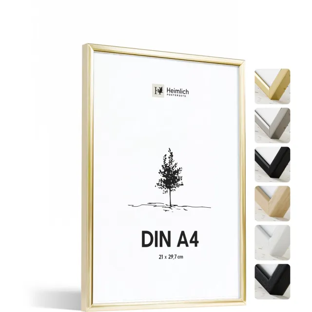 Heimlich Fotolijst A4 (21x29,7 cm) - Metaal Goud - Staand en Wandhangend - Onbreekbaar Kunststof Glas