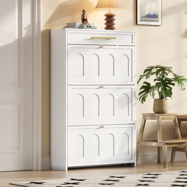 STILVORA Schoenenkast - Met 6 Open Vakken En Lade - Smal Opbergmeubel Voor Hal En Entree - MDF Wit - 70x25x123,5 Cm