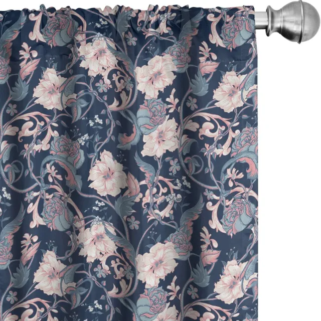 ABAKUHAUS Victoriaanse gordijnen – Magnolia & rozen – 2x75x225 cm – donkerblauw/roze