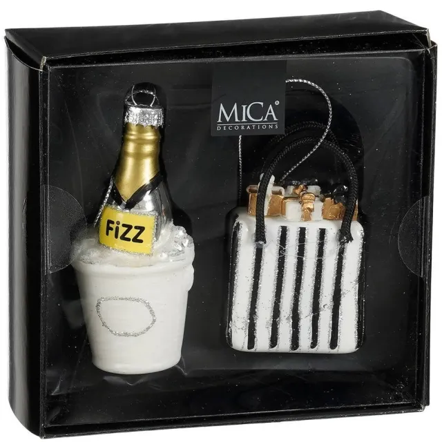Mica Decorations kerstornament champagnefles tas - glas (2 stuks) Wit
