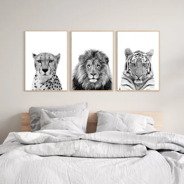 No Filter Zwart/wit dieren posters - 3 stuks - 30x40 cm - Cheetah, leeuw & tijger zwart wit