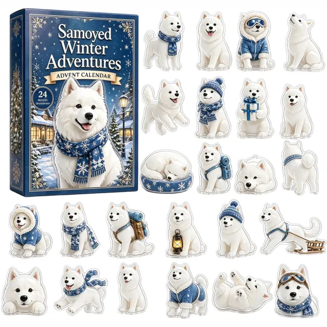 Ulisem Samoyed Winter Adventskalender 2027 - 24-Daagse Kerstaftelkalender - 24 Stuks 2D Acrylhangers - Hondenornamenten Voor Kerstboom - Cadeau Voor Hondenliefhebbers En Buitenliefhebbers