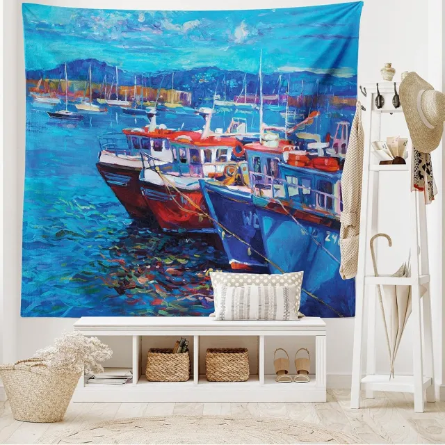 ABAKUHAUS maritiem wandtapijt, Haven aan Zee, woonkamer slaapkamer wanddoek Zijdezacht satijn wandtapijt, 150 x 100 cm, marineblauw rood