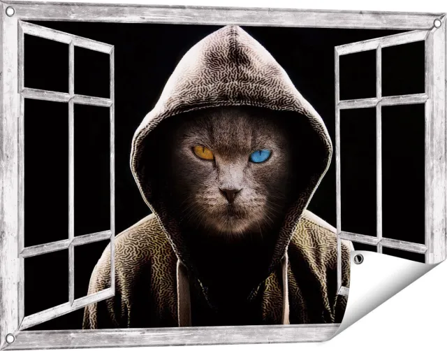 Gards Tuinposter Doorkijk Boze Kat Draagt een Hoodie - 90x60 cm - Tuindoek - Tuindecoratie - Wanddecoratie buiten - Tuinschilderij Grijs