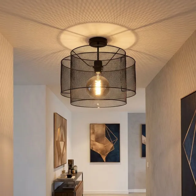 Globo Plafondlamp metalen plafondlamp zwart rond eetkamer kooilamp verlichting in rastervorm, fitting 1x E27, DxH 40x35 cm