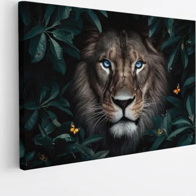 Saammp Canvas Schilderij - Leeuw tussen de bladeren en vlinders - Dieren - Natuur - 50x40 - Foto op canvas - Wanddecoratie - Muurdecoratie Woonkamer - Slaapkamer decoratie - Canvas Print Multicolor