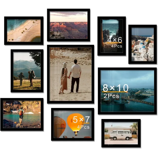 Famanu Zwarte fotolijsten set van 10 stuks, voor 4x6, 5x7 en 8x10 foto's, mix & match voor wanddecoratie en tafeldisplay, minimalistische zwarte collectie