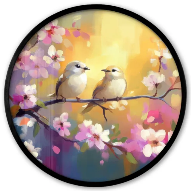 FrameYourWall Poster in lijst Rond - Fotolijst 40x40 cm - Posters - Vogels - Bloemen - Roze - Ronde posterlijst zwart - Decoratie - Wanddecoratie woonkamer - Muurdecoratie slaapkamer