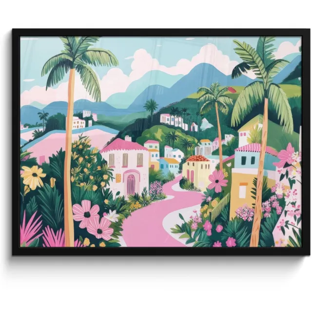 FrameYourWall Poster in lijst - Fotolijst 70x50 cm - Posters - Kleurrijk - Huizen - Heuvels - Roze - Posterlijst zwart - Decoratie - Wanddecoratie woonkamer - Muurdecoratie slaapkamer
