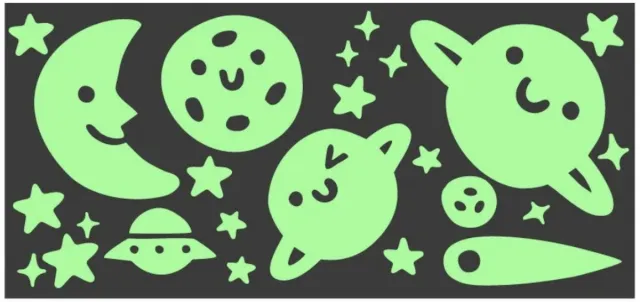 GLOPLAY Mini Series Collaboration with Steph Stilwell - The Brightest Glow in The Dark Wall Stickers “Out of this World by Steph Stilwell" - Package size: 11x51cm 17gr Groen