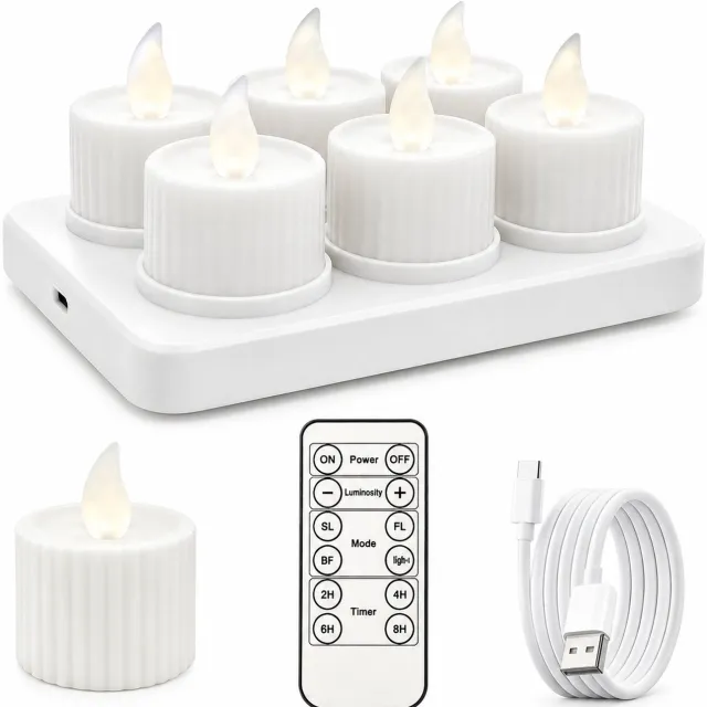 SWGOTA led kaarsen, set van 6, geribbelde uitvoering met grote vlamvorm, warm licht, afstandsbediening met dimmer en timer, Type-C-opladen, inclusief laadstation en kabel Wit