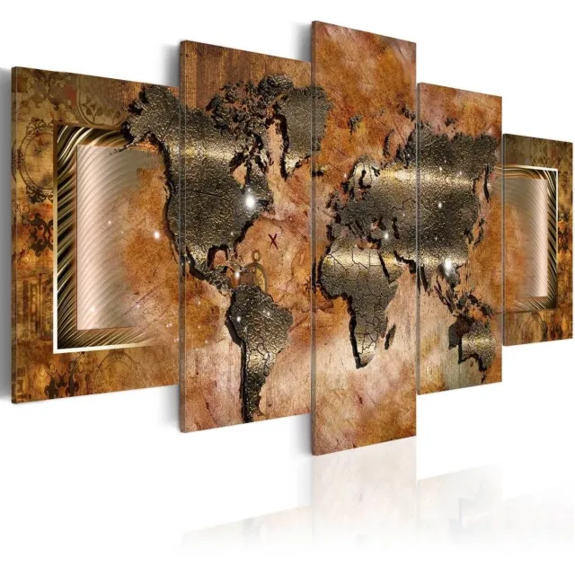 karo-art Schilderij - Stalen wereldkaart (staal look, dus canvas) 5 luik, Abstract afgebeeld, print op echt Italiaans canvas, voor woonkamer en slaapkamer, wanddecoratie - Copy Multikleur