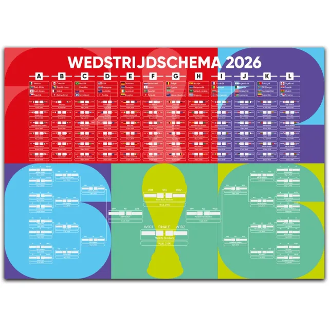 Huurdies WK 2026 Poster Wedstrijdschema – Compleet Speelschema – Wereldkampioenschap Voetbal – A1 (59 x 84 cm)