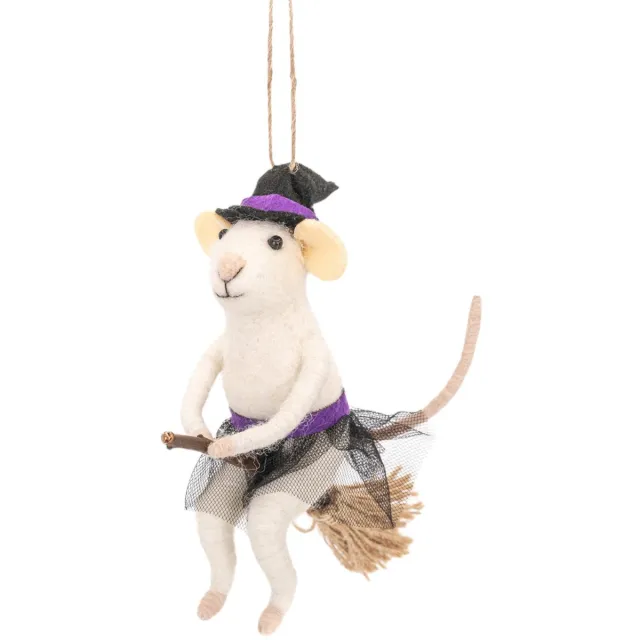 Sass & Belle Muis op bezem vilten kersthanger - Sass & Belle paars