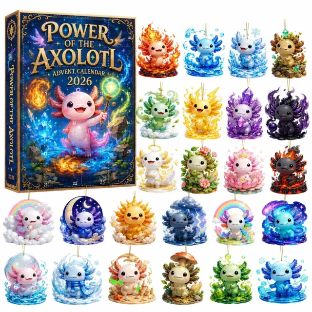 SWGOTA Axolotl-adventskalender 2026 met 24 kleurrijke platte acrylhangers en ophangkoordjes, in papieren doos Meerkleurig