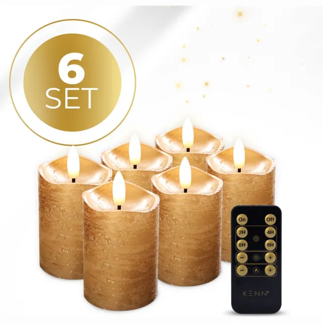 KENN LED Kaarsen op Batterijen – Echte Wax – Set van 6 – Rustiek Goud – Tot 300 Branduren – Met Afstandsbediening & Timer – Inclusief Batterijen – Mini Stompkaarsen – Realistisch flikkerende 3D Vlam – Kaarsen op Batterijen – Nep Kaarsen – Horeca Goud (Inclusief batterijen)
