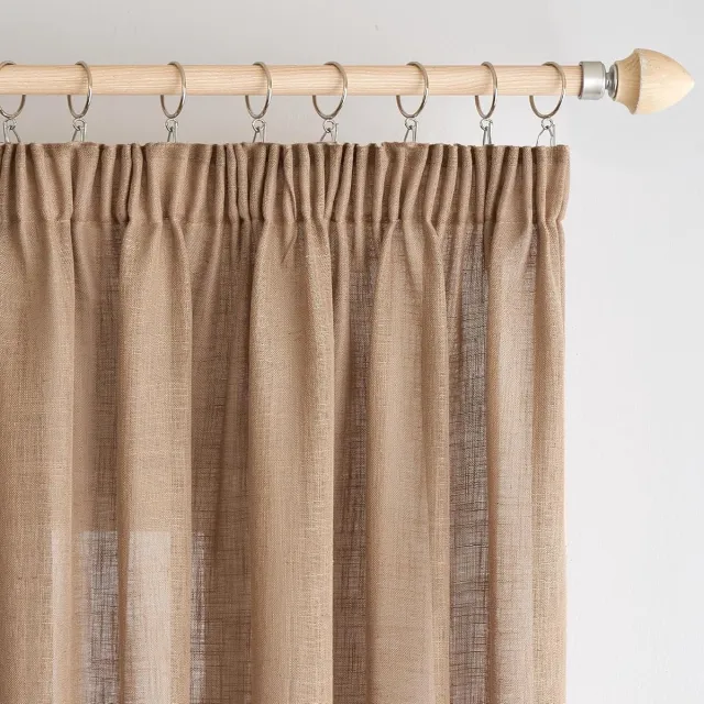 Famanu Linnen gordijnen met plooiband, gordijnen woonkamer, linnenlook, half-transparant, gordijn voor slaapkamer, modern, gordijn met inslagringen, lusgordijnen, set van 2, 140 x 225 cm (b x h), Kleur: Bruin