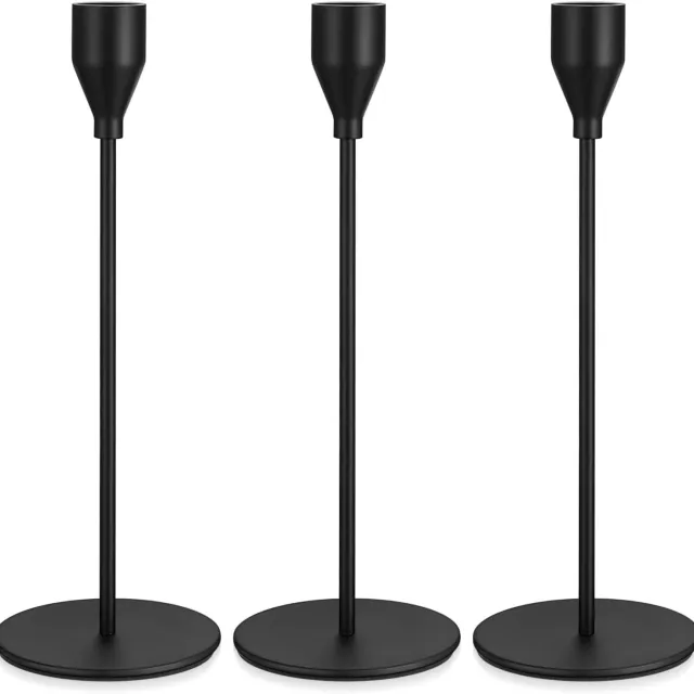 Famanu Set van 3 zwarte kandelaars van 24 cm, metalen kaarsenstandaards voor vintage decoratie, perfect voor bruiloften, diners en sfeervolle huisdecoratie