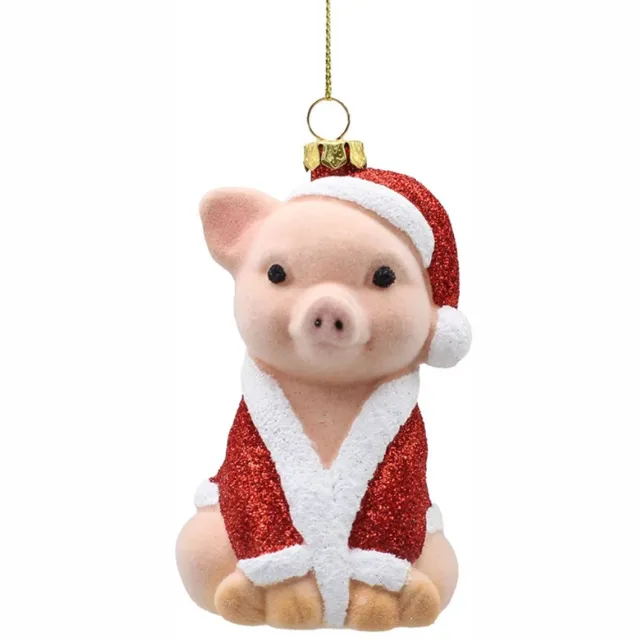 Something Different Sfeervol 'Flocked Christmas Pig' Glazen Kersthangdecoratie - Varken in Kerstmanoutfit - 10 cm Roze