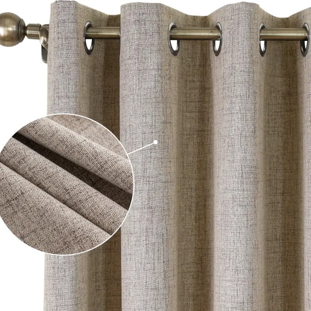 Famanu Verduisteringsgordijnen set van 2, 100% ondoorzichtig linnen, 175 x 140 cm (h x b), thermogordijnen voor koudebescherming en geluidsisolatie, perfect voor slaapkamers en woonkamers beige
