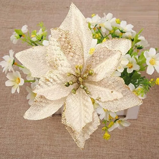 Gotrays 10 stuks 15cm glitter kerst kunstbloem decoratie - Home Decor binnen / buiten kunstbloem - rood en wit kunstbloem kerstboom decoratie - kerstdecoratie (Goud)