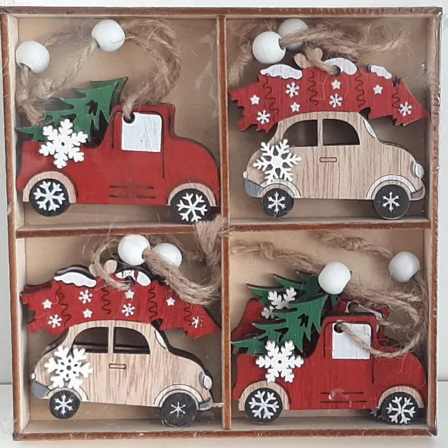 G. Wurm Houten kerstboomhangers auto's in houten doosje rood