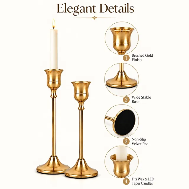R H R&H® Gouden Kandelaars Set van 6, Vintage Metalen Kaarshouders in 3 Hoogtes, voor Kaarsen Ø 2,2 cm, Decoratief voor Thuis en Feest