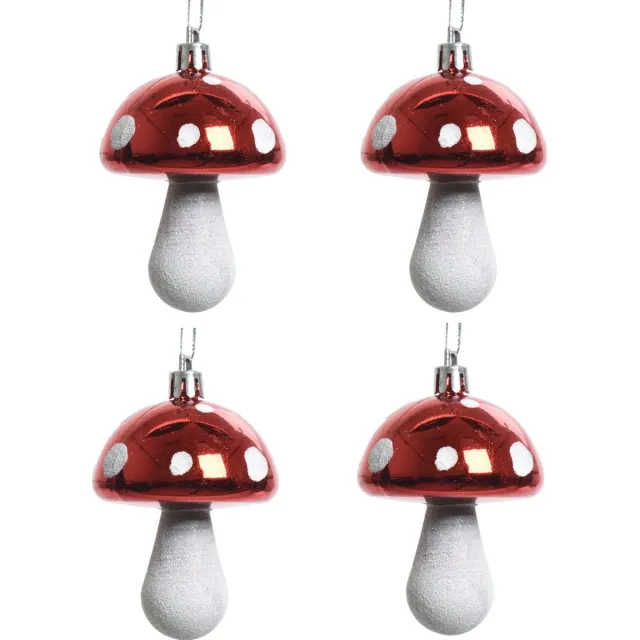 Decoris Kersthangers - 12x - rood - paddenstoelen - 7 cm - kerstversiering - Rode kerstversiering/boomversiering