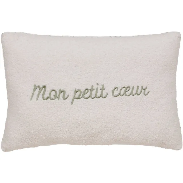 Atmosphera Bouclé Sierkussen Mon Petit Coeur - 38x58cm - Wit Blanc/vert