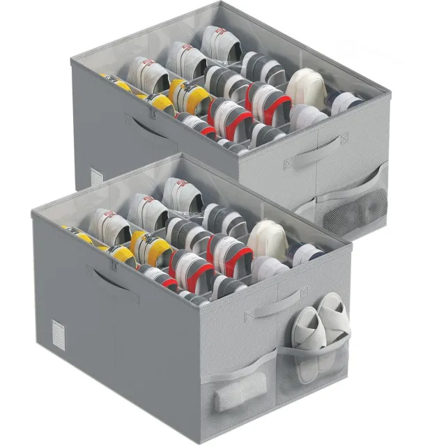 Unyqoos Opvouwbare Stoffen Opbergdozen met Deksel en Handvat voor Kleding en Meer - Set van 2 Lichtgrijs Grijze schoenenorganizer