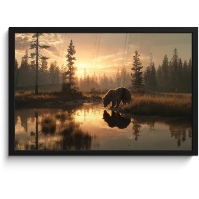 FrameYourWall Poster in lijst - Fotolijst 60x40 cm - Posters - Beer - water - Bos - Ochtendlicht - Posterlijst zwart - Decoratie - Wanddecoratie woonkamer - Muurdecoratie slaapkamer