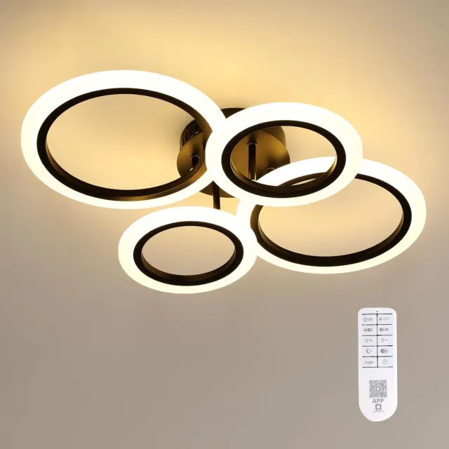 Haobosic Ronde plafondlamp, zwart gezandstraald acryl, 4 spots, Ø57x12cm, 32W, dimbaar, 3000-6500K, CRI80, 220V, Europa