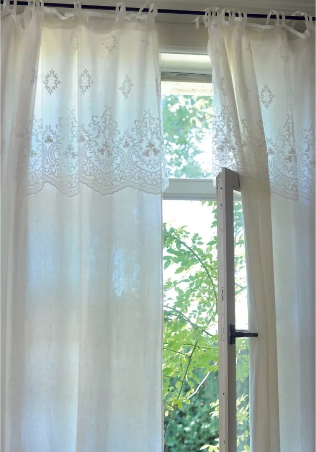 Pimlico Gordijn | Audrey - Geborduurd Kant - Golvende Rand & Velvet Linten - Gebroken Wit - 160x80 cm - Pimlico