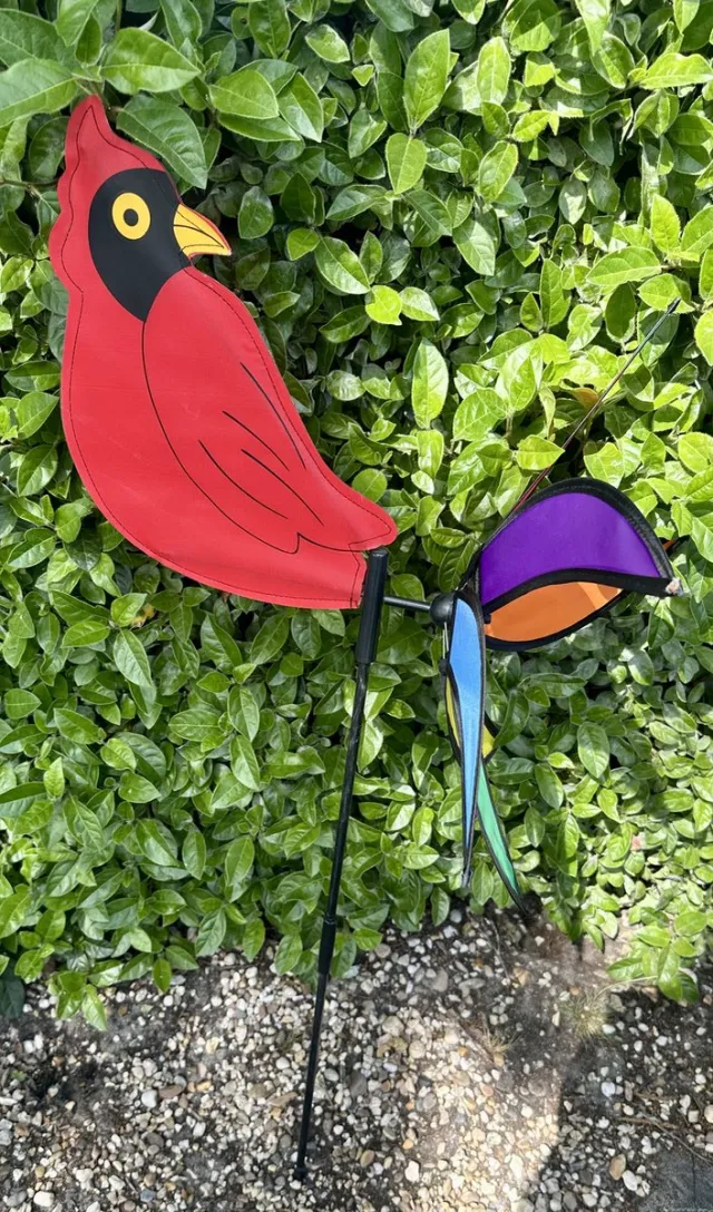 Impuls Windmolen met "Rode Vogel" - meerkleurig + rood - nylon + kunststof steker - dia 44 cm x hoogte 88 cm - Tuinaccessoires - Tuinstekers Meerkleurig - rode vogel