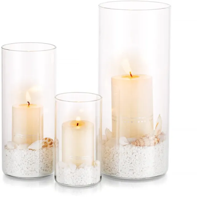 Famanu Kaarshouder glazen cilinder set van 3 stuks, heldere bloemenvaas voor theelichtjes en drijvende kaarsen, perfect voor eettafel decoraties en bruiloften Transparant