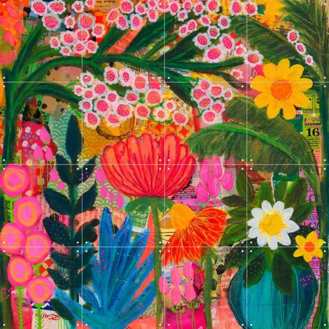 IXXI Lucy, Yvette Fanciulli - 80 x 80 cm - Grote wanddecoratie en posters - Collage, Gemengde Technieken, Kleurrijk, Speels, Woonkamer, Botanisch Roze