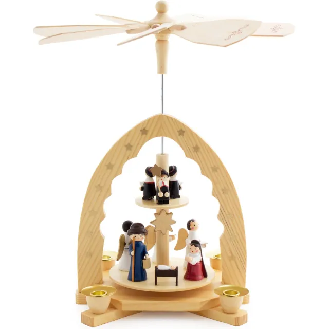 Brubaker 2 Tier Houten Kerstpiramide - 30 cm - Kerststal Christus Geboorte met Maria en Josef, Engelen en Carol Zangers Houtkleuren